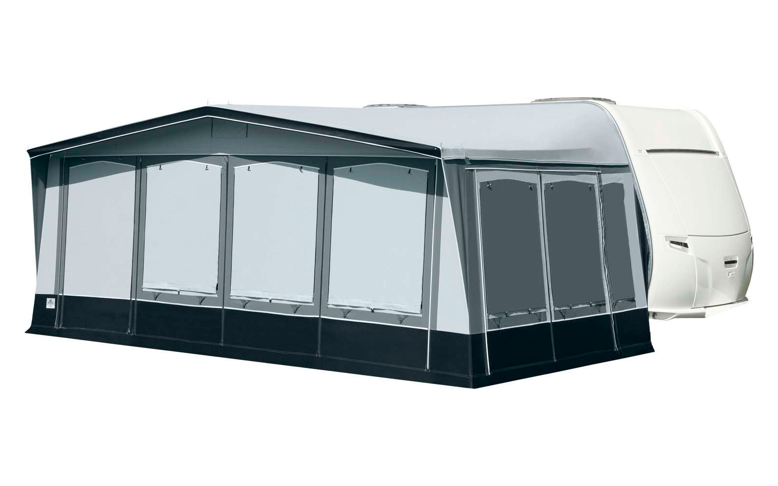 Campingvorzelt an einem Wohnwagen befestigt