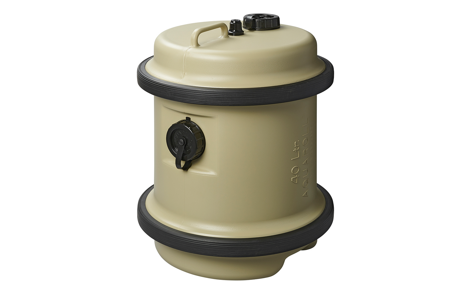 Beige runder Behälter mit schwarzen Ringen oben und unten, schwarzem Drehknopf an der Seite und kleinem Verschluss oben