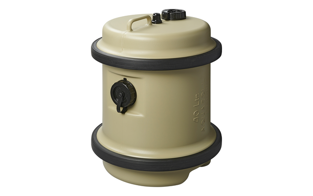 Beige runder Behälter mit schwarzen Ringen oben und unten, schwarzem Drehknopf an der Seite und kleinem Verschluss oben