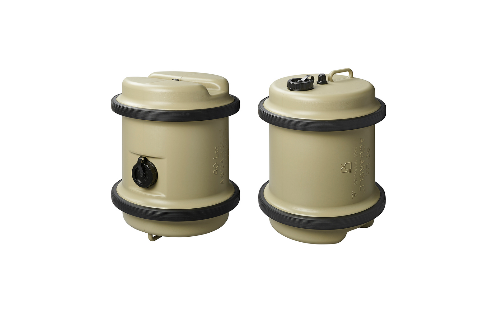 zwei beige Filtergehäuse mit schwarzem Rand und Drehverschluss