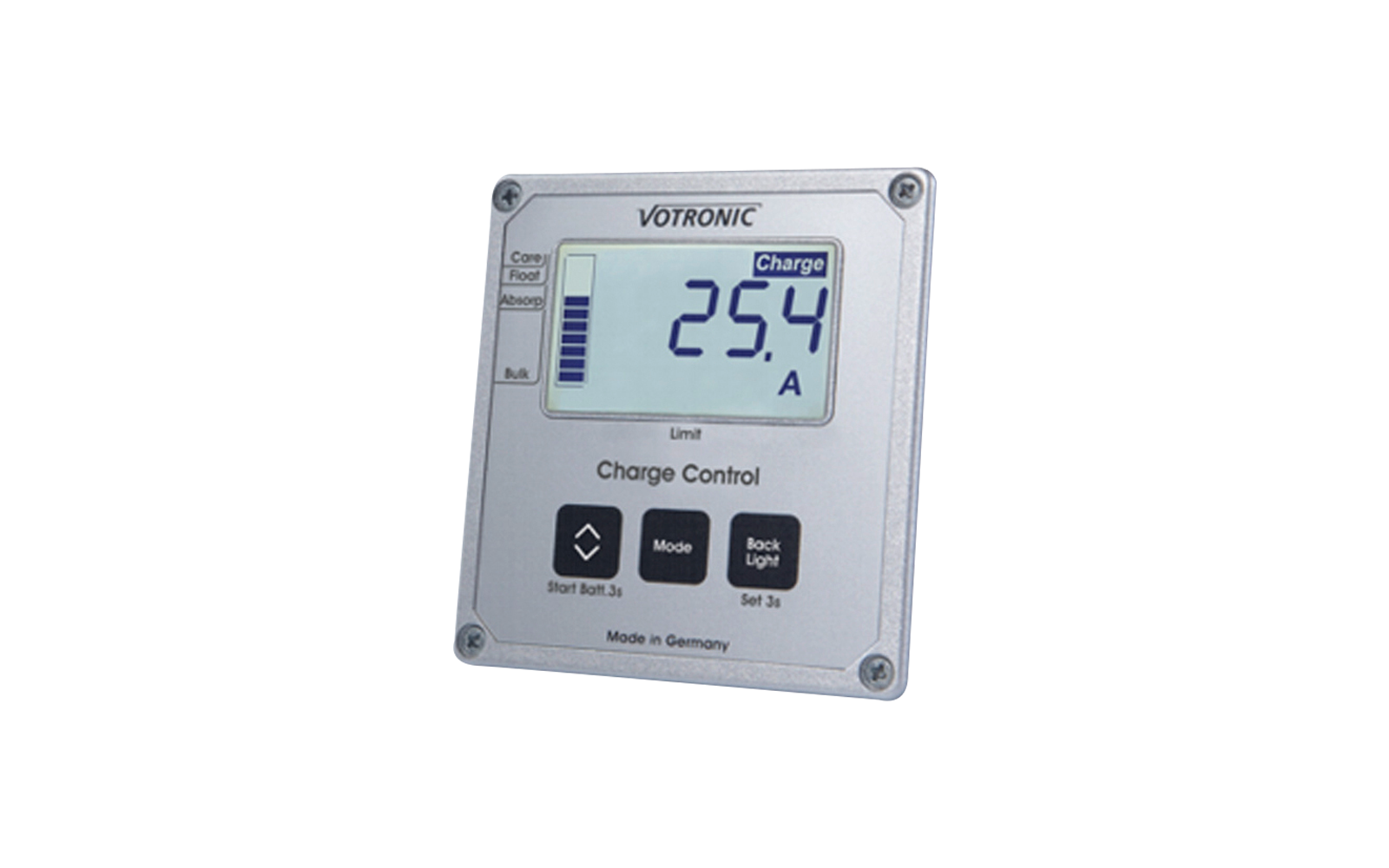 Display eines Votronic Charge Control Reglers mit digitaler Anzeige und drei Tasten