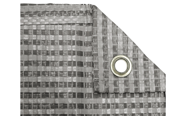 Nahaufnahme einer grauen Stoffbahn mit schwarzen Linienmuster und einem Metallösenring in der Ecke