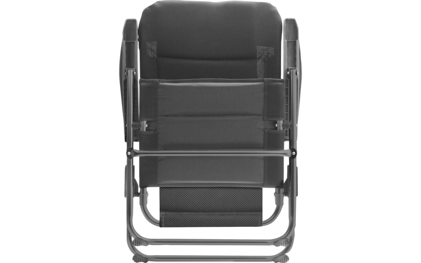 Ein schwarzer Klappstuhl vor weißem Hintergrund