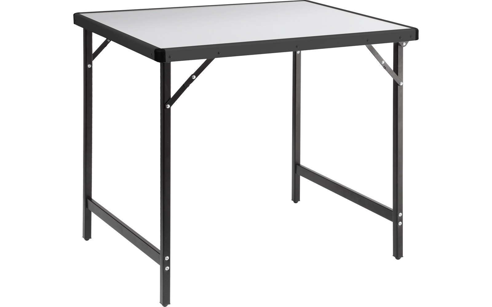 Vierkante tafel met zwart metalen frame en wit tafelblad