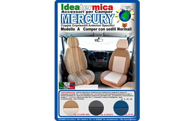 Annonce pour des housses de siège Mercury Camper avec une image de deux sièges de voiture marron clair dans un véhicule