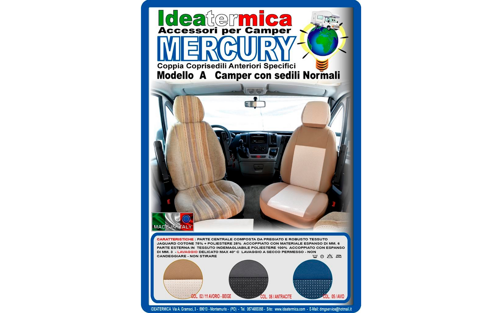 Annonce pour des housses de siège Mercury Camper avec une image de deux sièges de voiture marron clair dans un véhicule