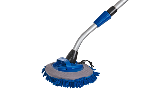Blue floor cleaning brush with long handle