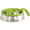 Green and silver coffee filter with handle on white background