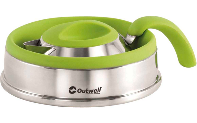 Green and silver coffee filter with handle on white background