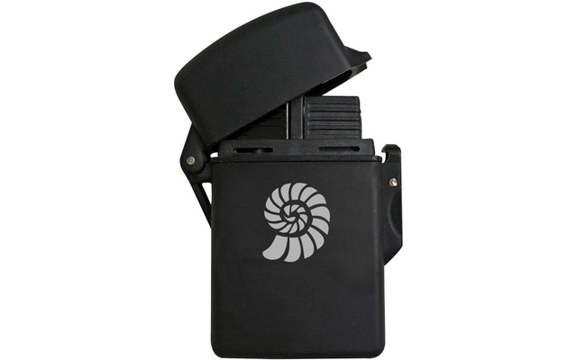 Black lighter with open lid and spiral pattern on the front