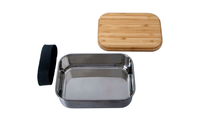 Lunchbox van roestvrij staal met afneembaar bamboedeksel en zwarte band