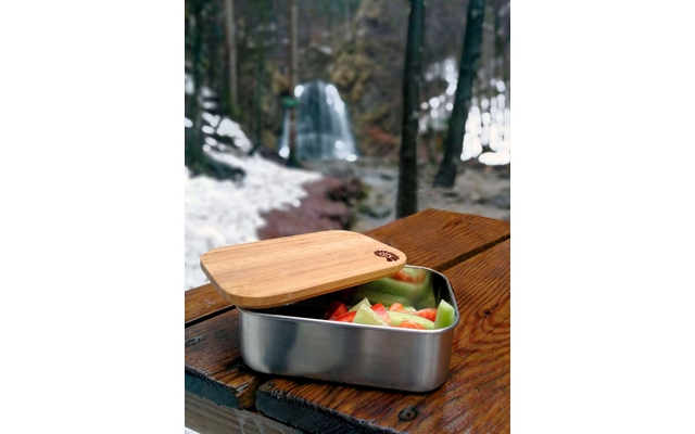 Winterlandschap met vallende sneeuw, een zitgedeelte met houten tafel en krukken, dieren in de sneeuw en bomen op de achtergrond