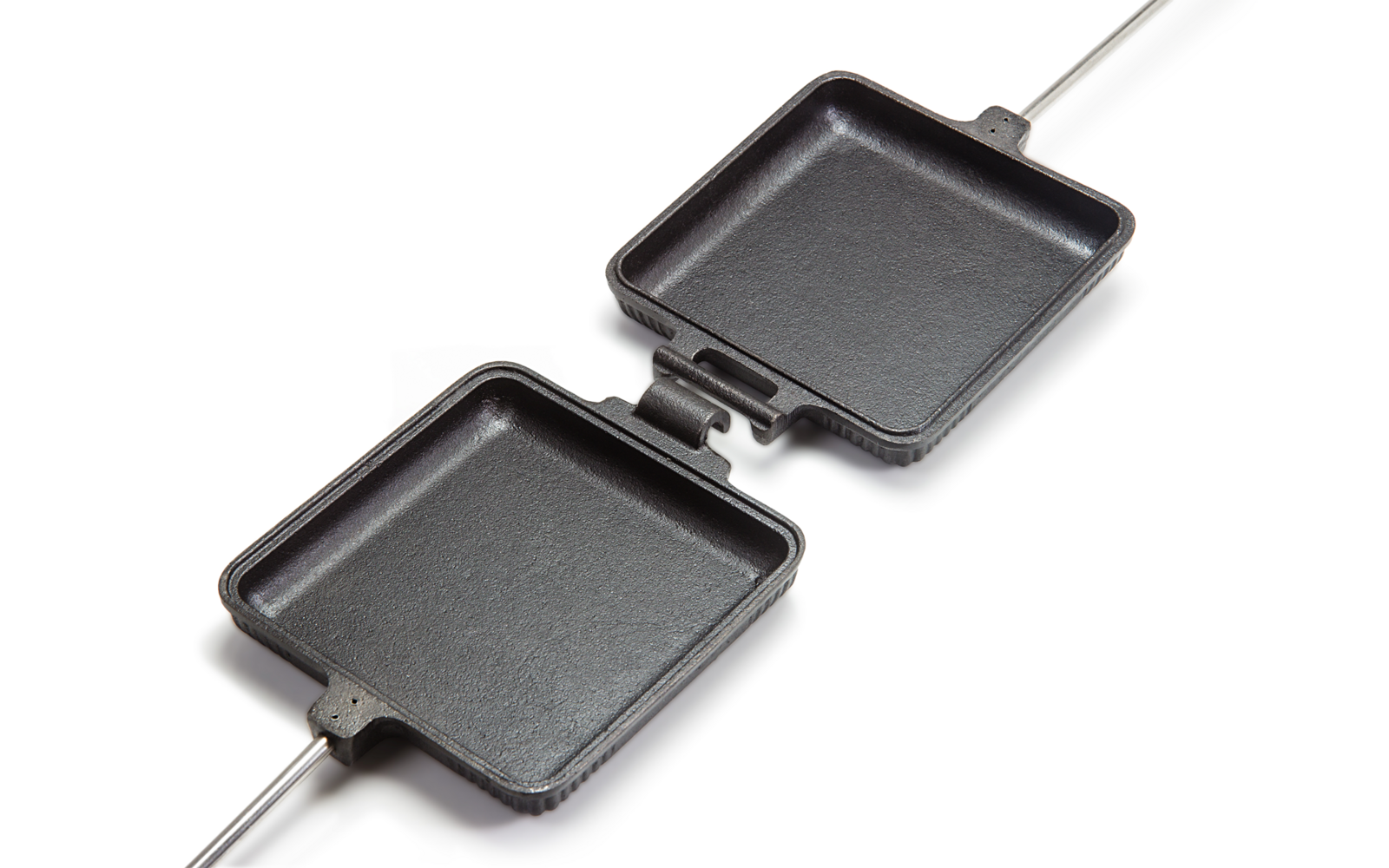 Twee identieke vierkante grillplaten met handgrepen