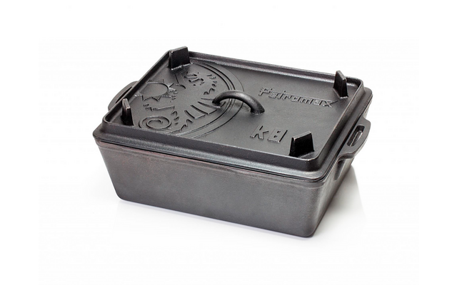 Fuente rectangular de hierro fundido con tapa y asas