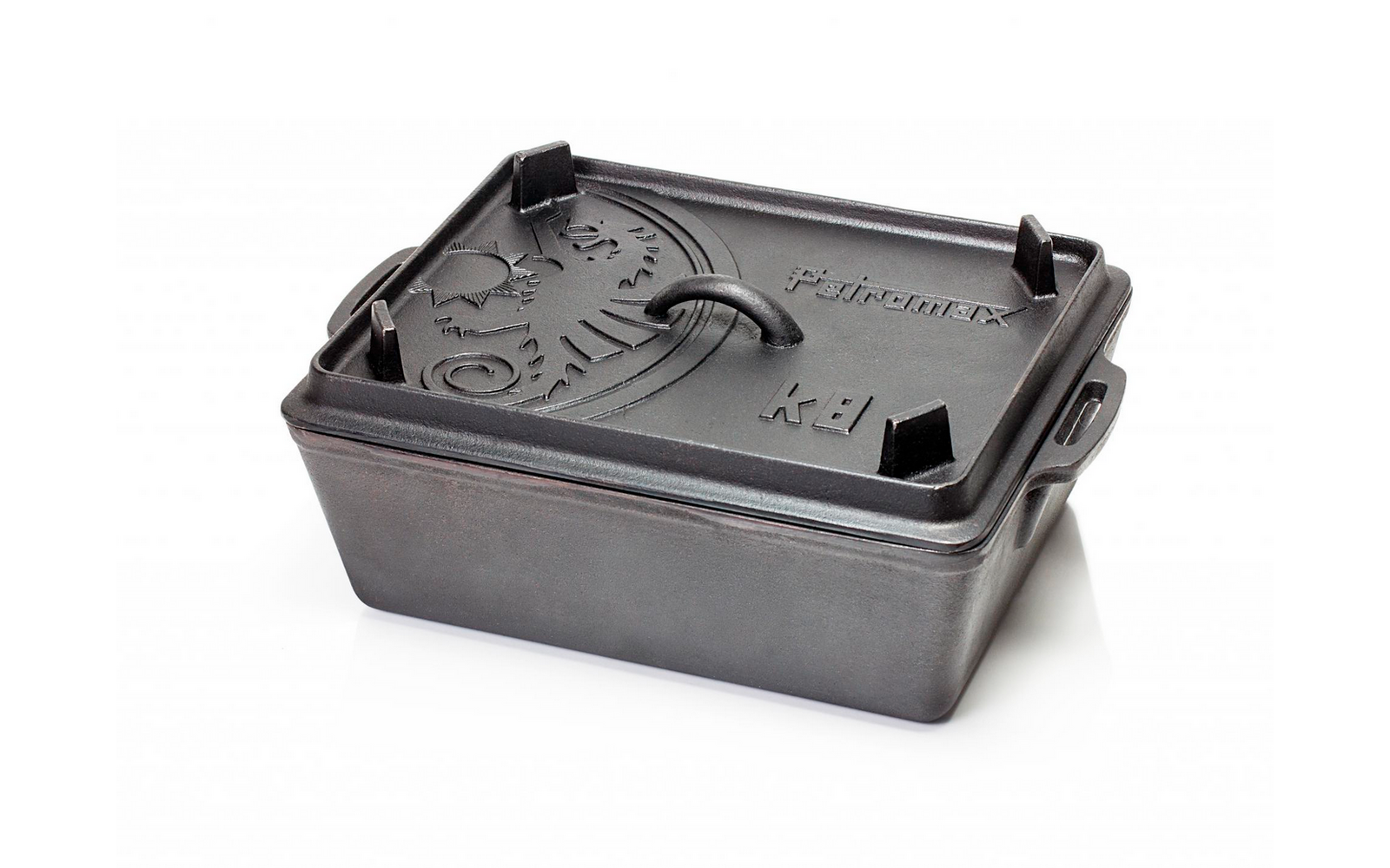 Fuente rectangular de hierro fundido con tapa y asas