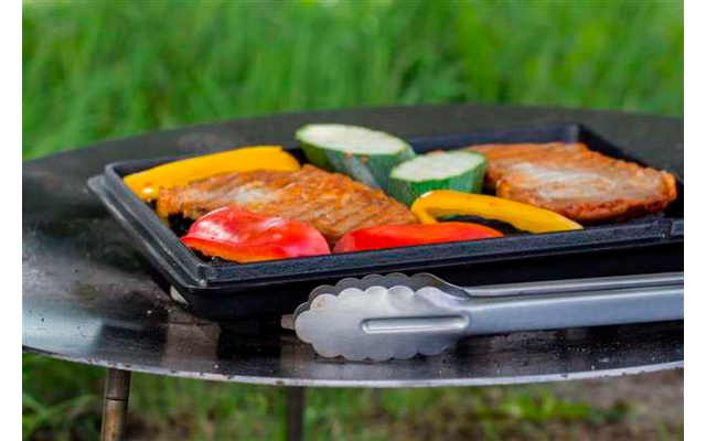 Una parrilla con varias verduras y un trozo de carne, césped de fondo
