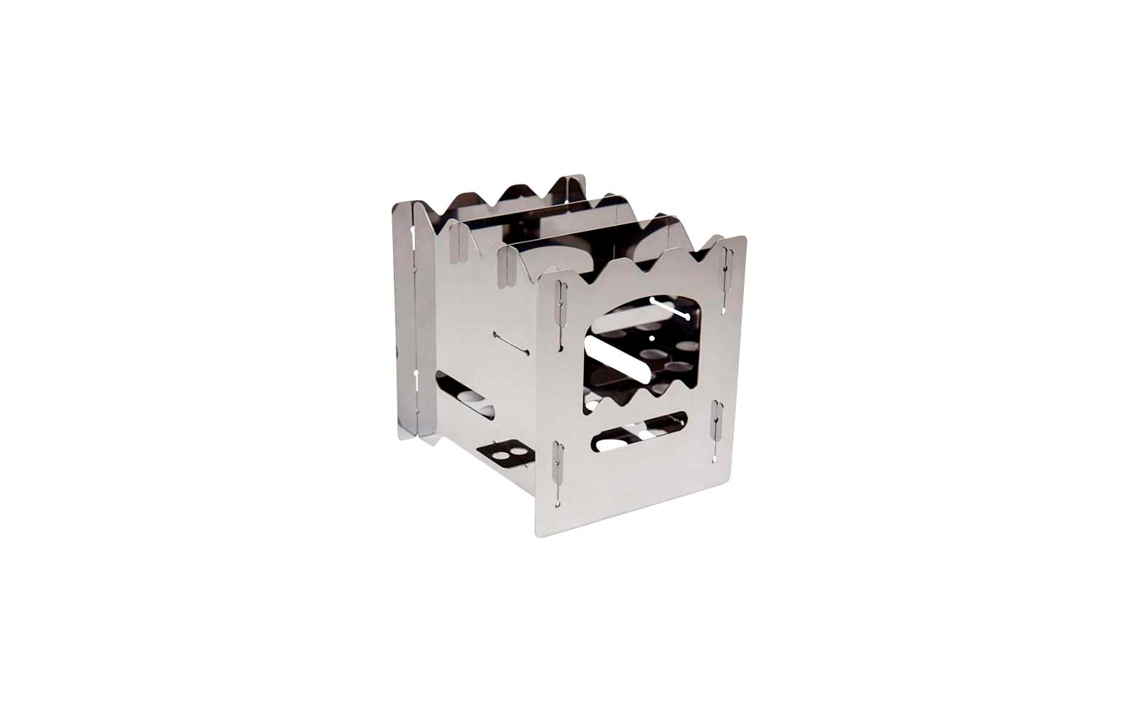 Klappbarer Metallkocher in quadratischer Form mit mehreren Schlitzen und Aussparungen
