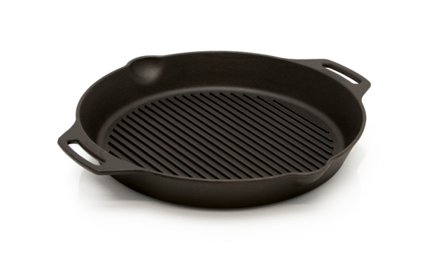 Runde Grillpfanne aus Gusseisen mit Griffen und geriffeltem Boden