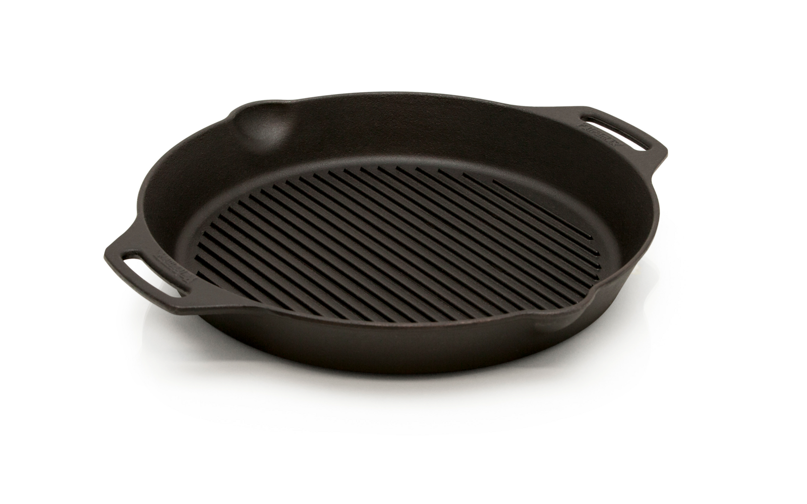 Runde Grillpfanne aus Gusseisen mit Griffen und geriffeltem Boden