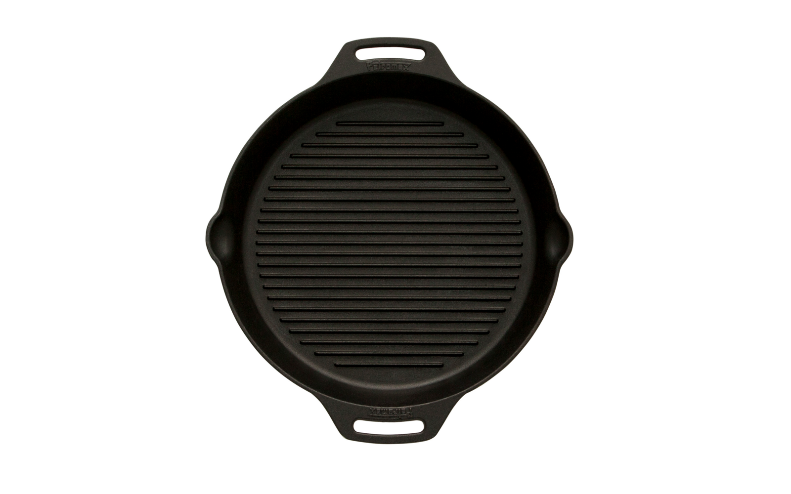 Runde gusseiserne Grillpfanne mit gerillter Oberfläche und zwei Griffen