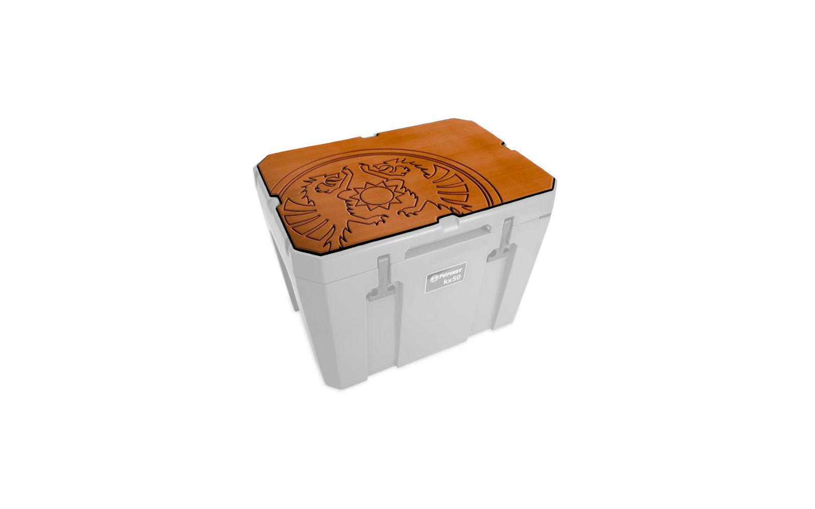Glacière blanche avec couvercle en bois brun et tête de lion gravée