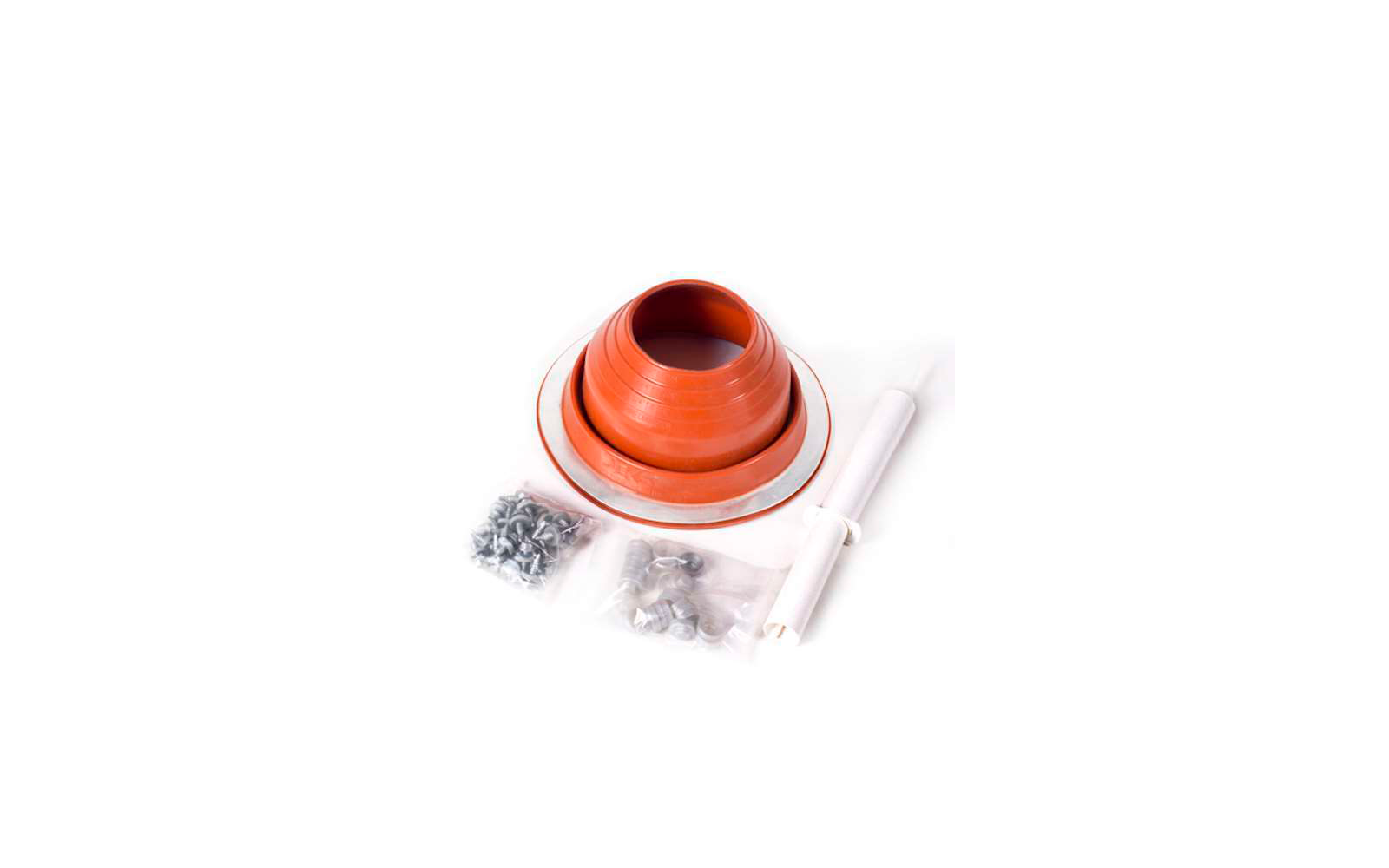 Clay pot, saucer, pipe, and small bags with pipe coal on white background