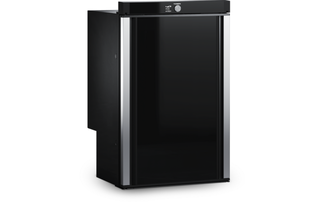 Schwarzer Mini-Kühlschrank mit Glastür und digitaler Anzeige oben