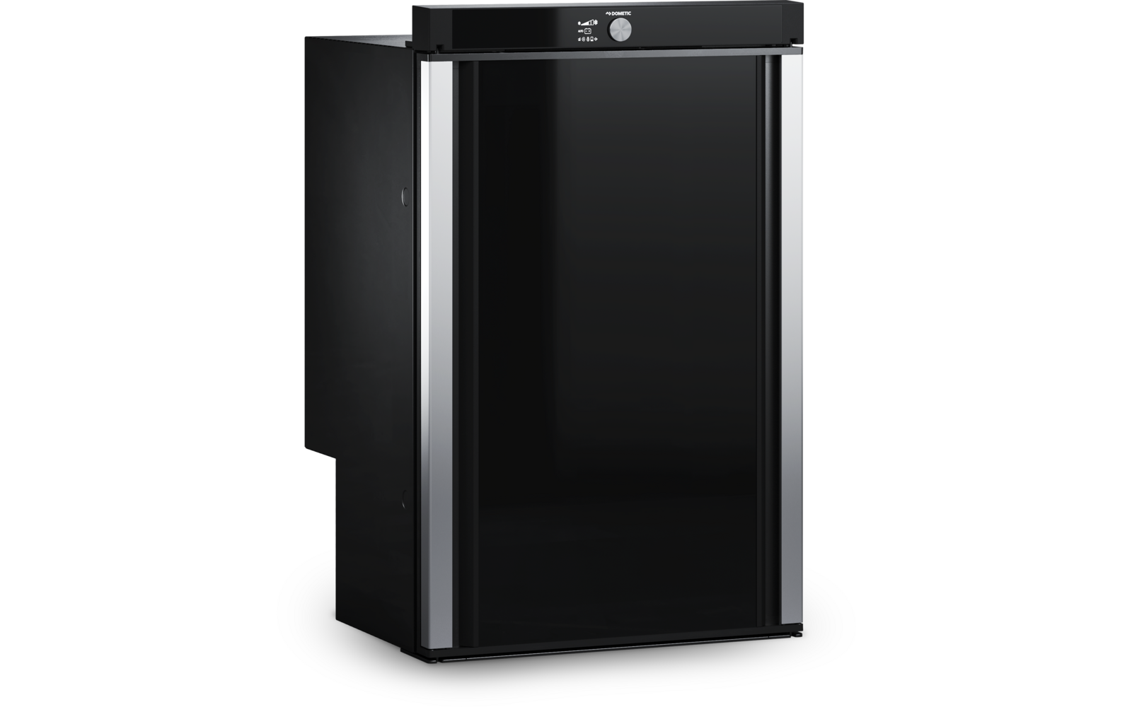 Schwarzer Mini-Kühlschrank mit Glastür und digitaler Anzeige oben