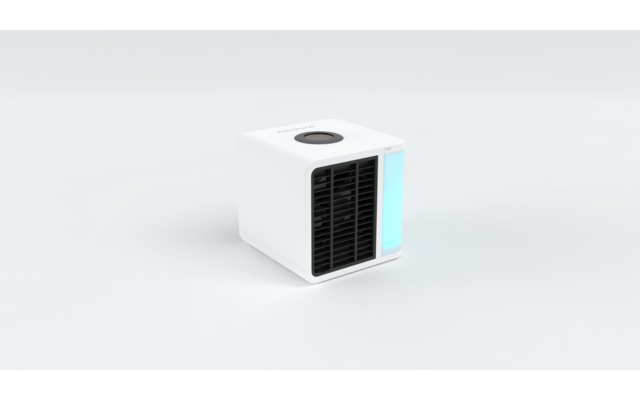 Weißer, quadratischer Ventilator mit schwarzem Lüftungsgitter und blauem Beleuchtungsstreifen auf der Seite