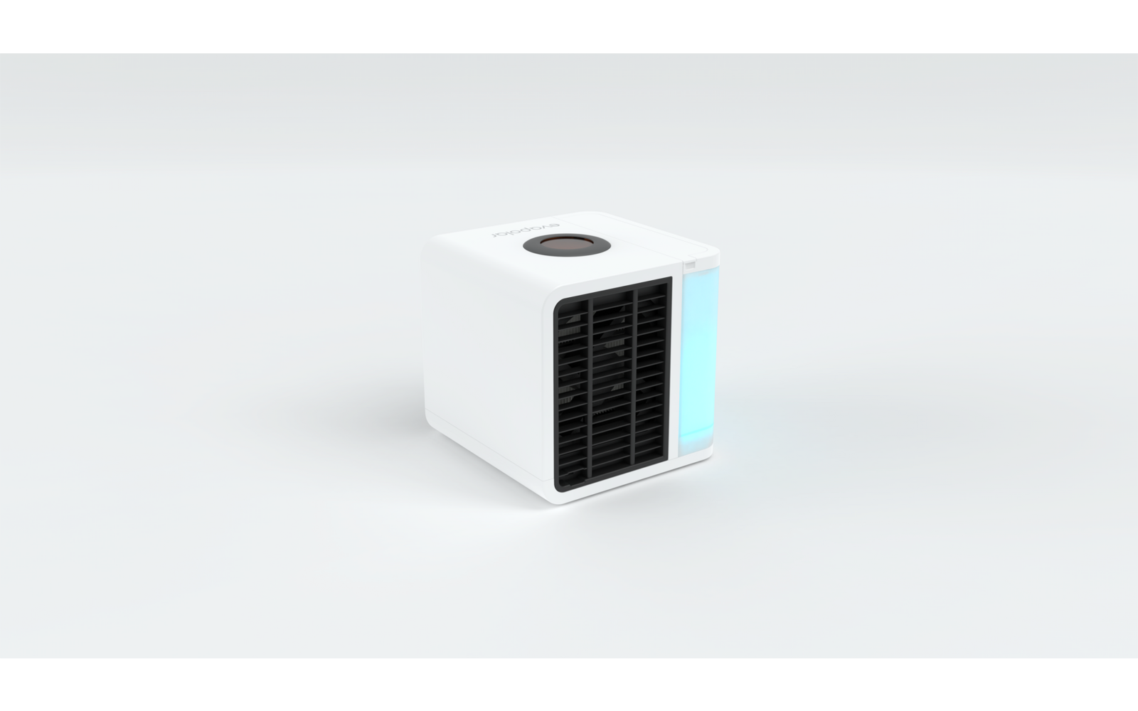 Weißer, quadratischer Ventilator mit schwarzem Lüftungsgitter und blauem Beleuchtungsstreifen auf der Seite