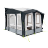 A gray and white pop-up tent with transparent windows and yellow guy lines