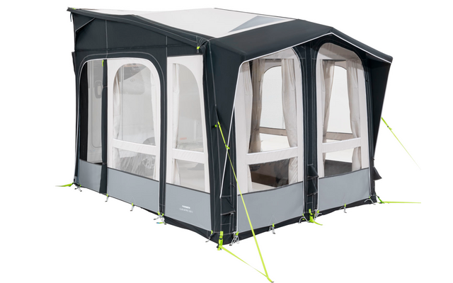 A gray and white pop-up tent with transparent windows and yellow guy lines