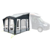 A white motorhome with a gray attached awning