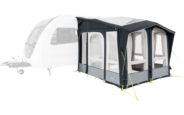 Inflatable gray and black tent with windows set up on grass