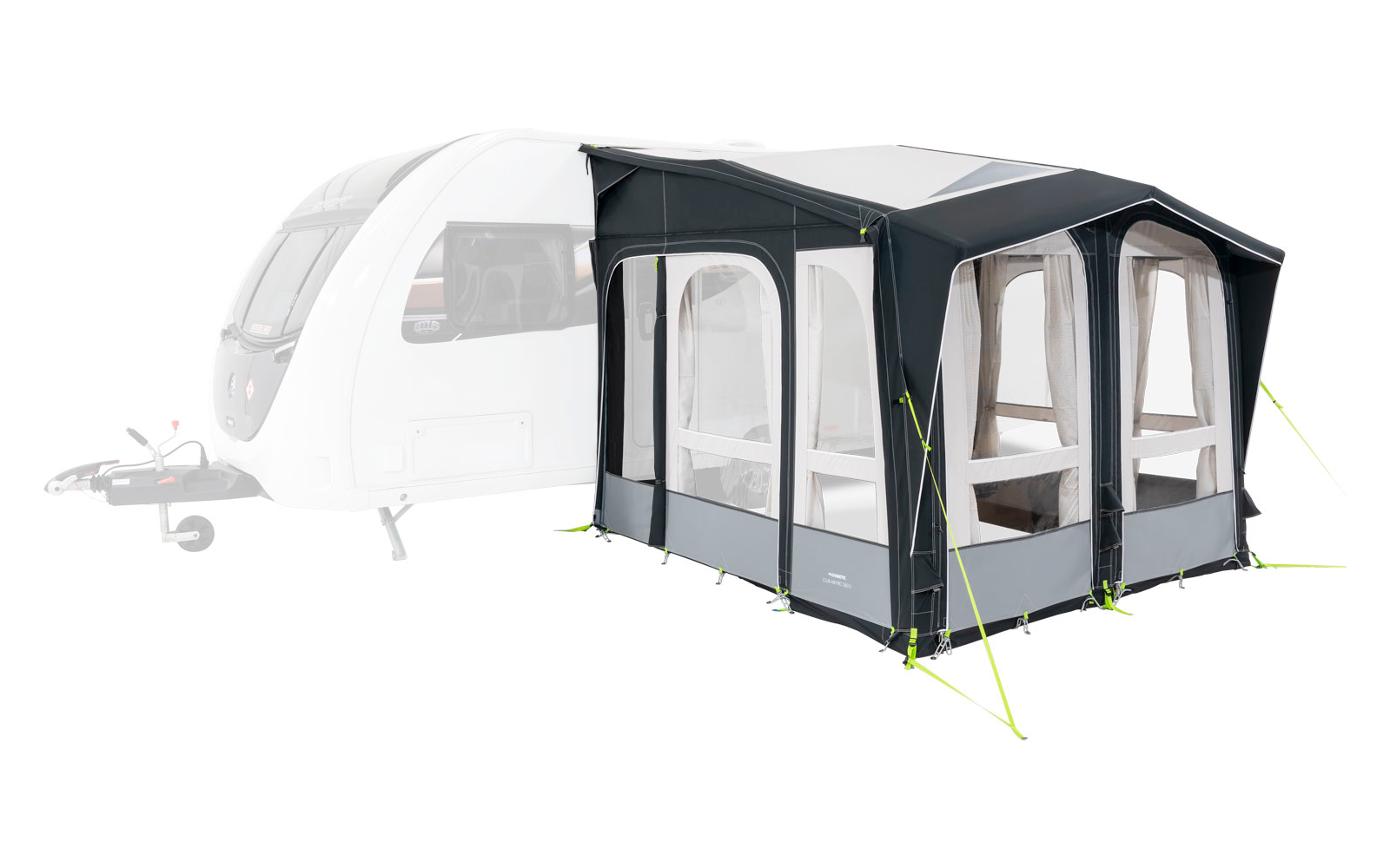 Inflatable gray and black tent with windows set up on grass