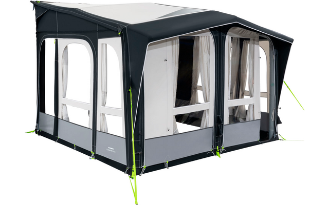 Tent with large windows and open curtains