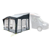 Gray motorhome with an attached gray awning with large windows
