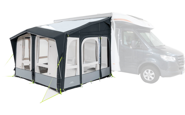 Gray motorhome with an attached gray awning with large windows