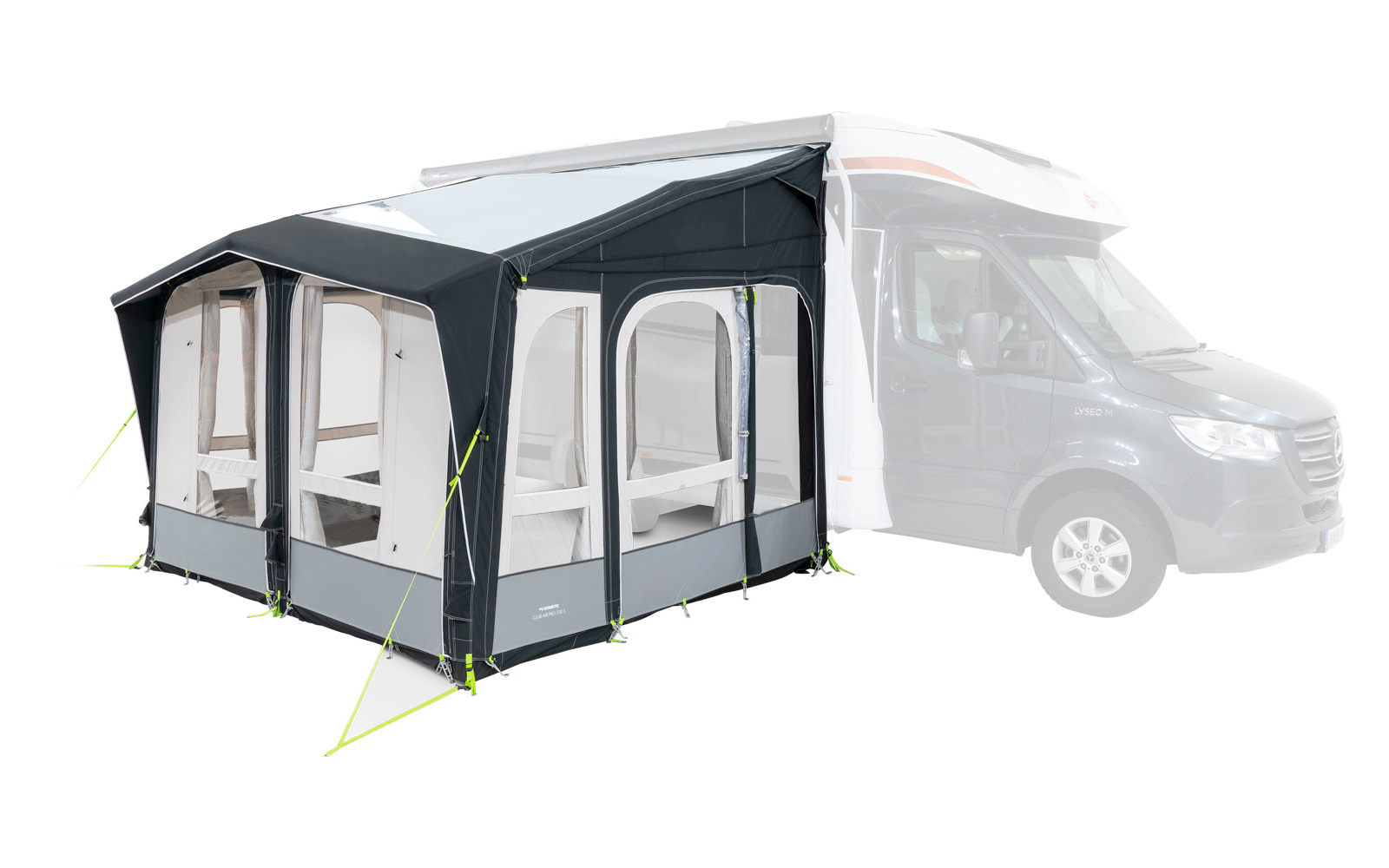 Gray motorhome with an attached gray awning with large windows