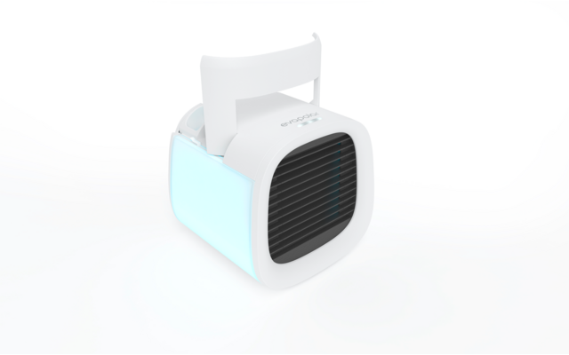 Kleiner tragbarer Ventilator mit weißem Griff und blauer Umrandung