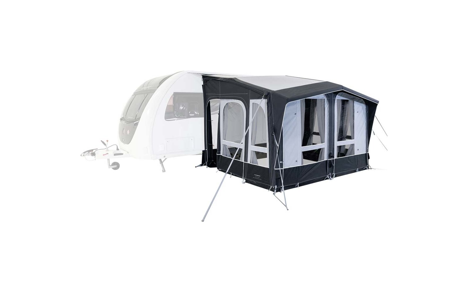 Grande tenda da campeggio nera e grigia con vestibolo bianco su erba verde