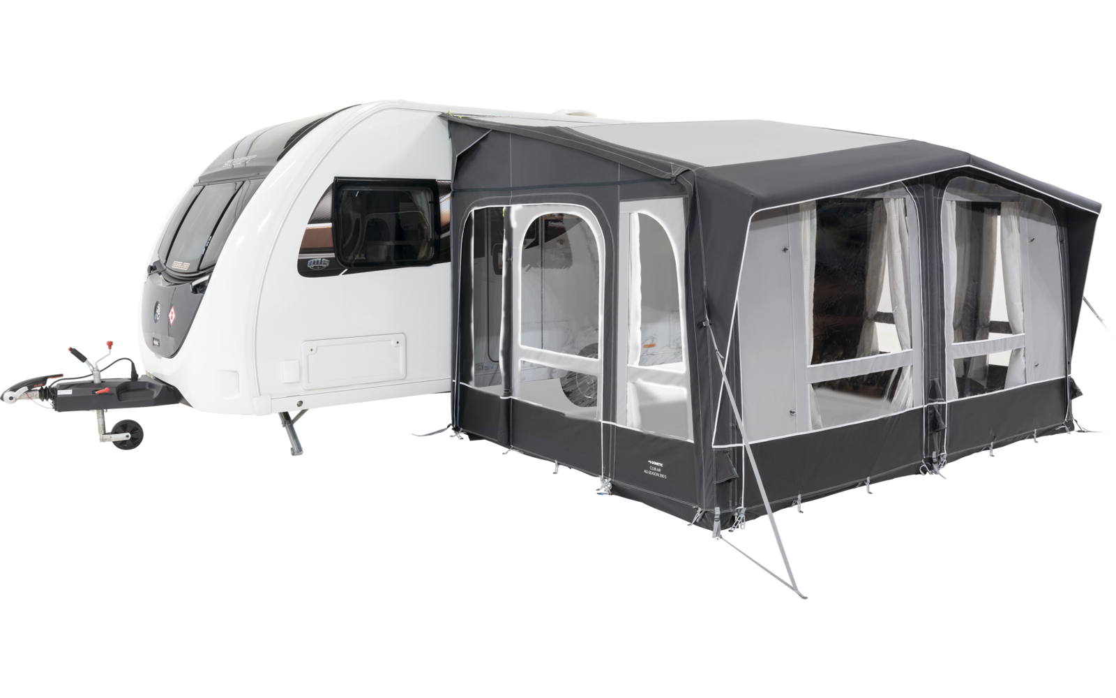 Caravan bianca con baldacchino grigio attaccato su sfondo bianco