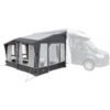 Tendalino grigio attaccato a un camper bianco