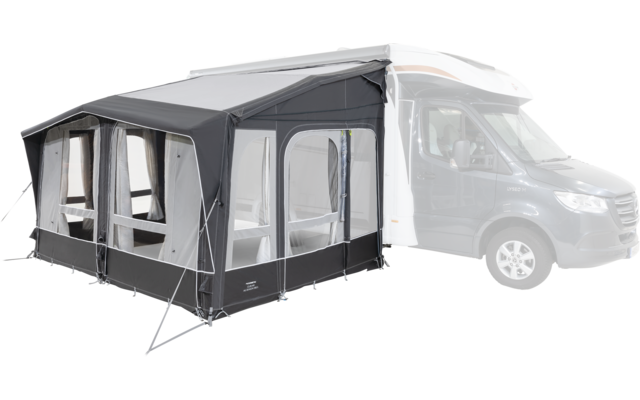 Tendalino grigio attaccato a un camper bianco
