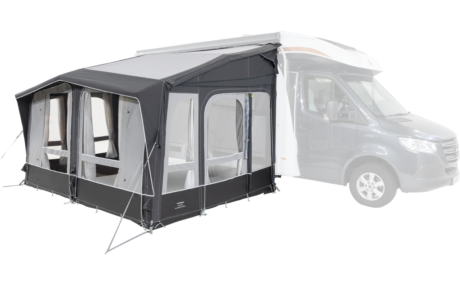 Tendalino grigio attaccato a un camper bianco
