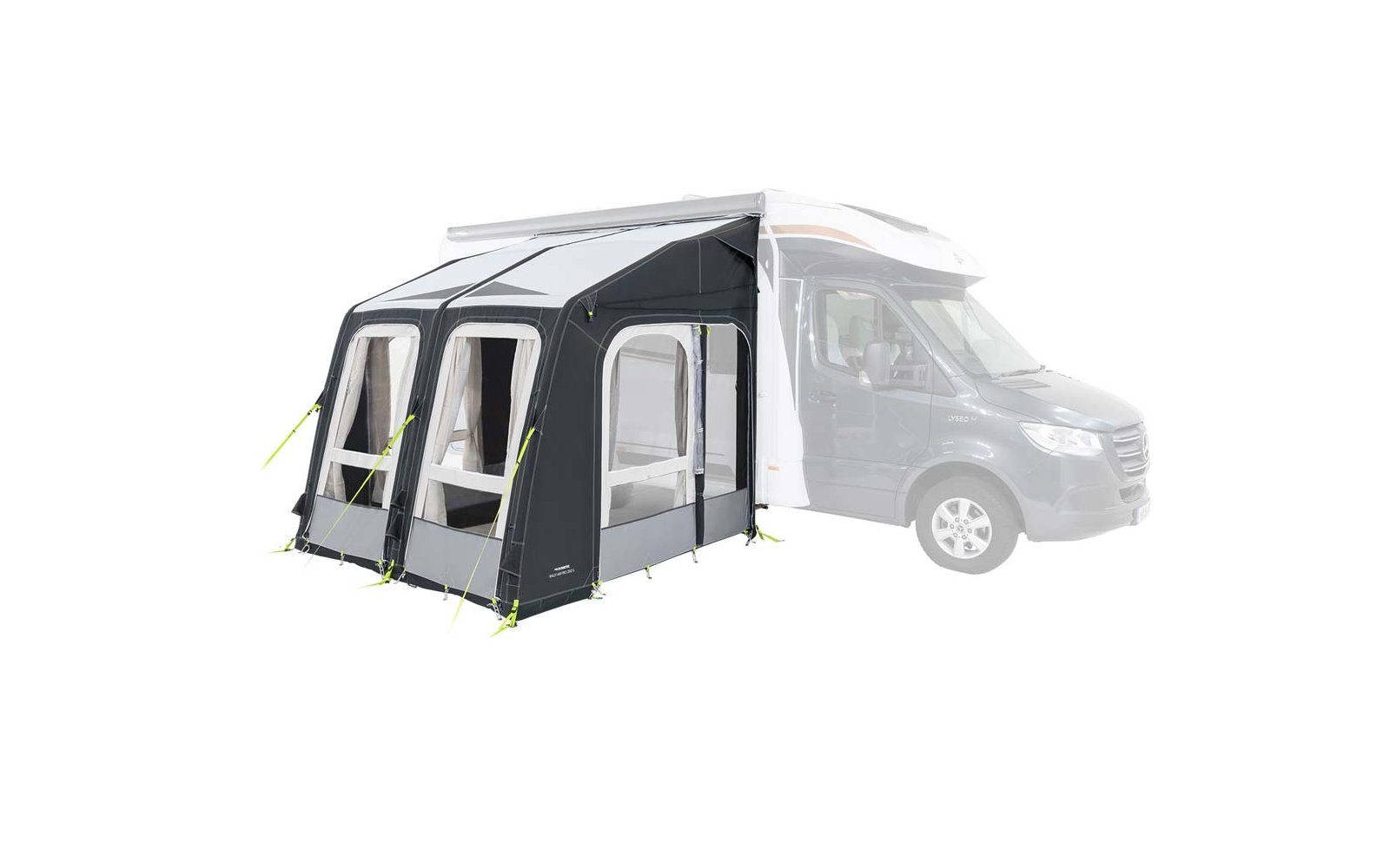 Witte camper met grijs voortent