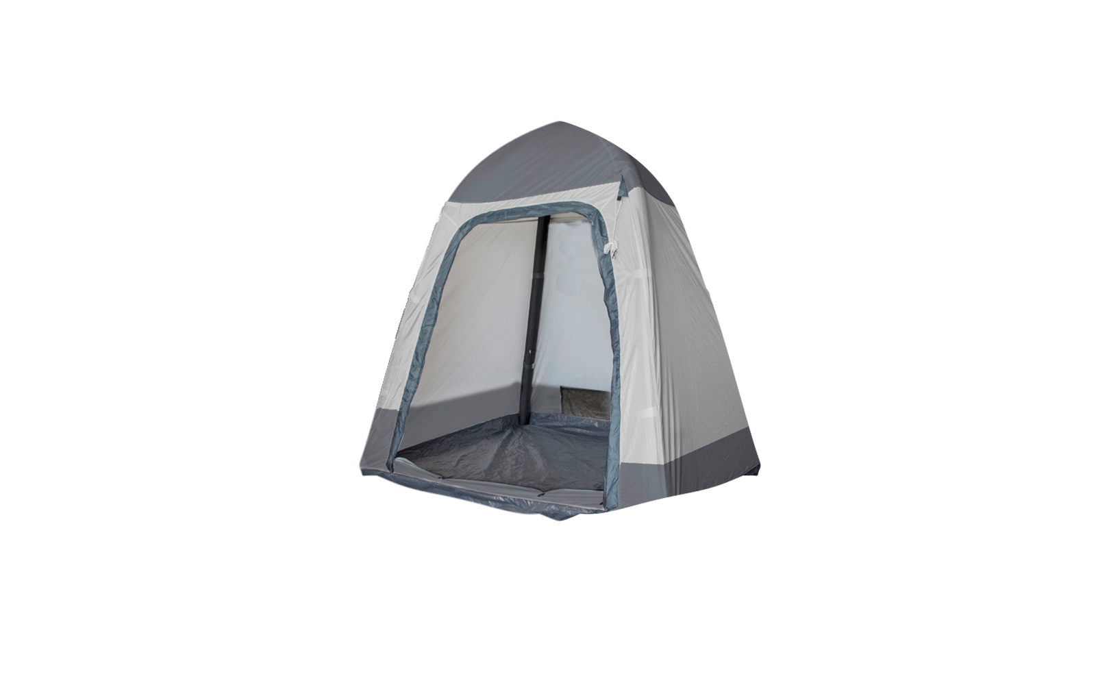 Ein graues Campingzelt mit offenem Eingang