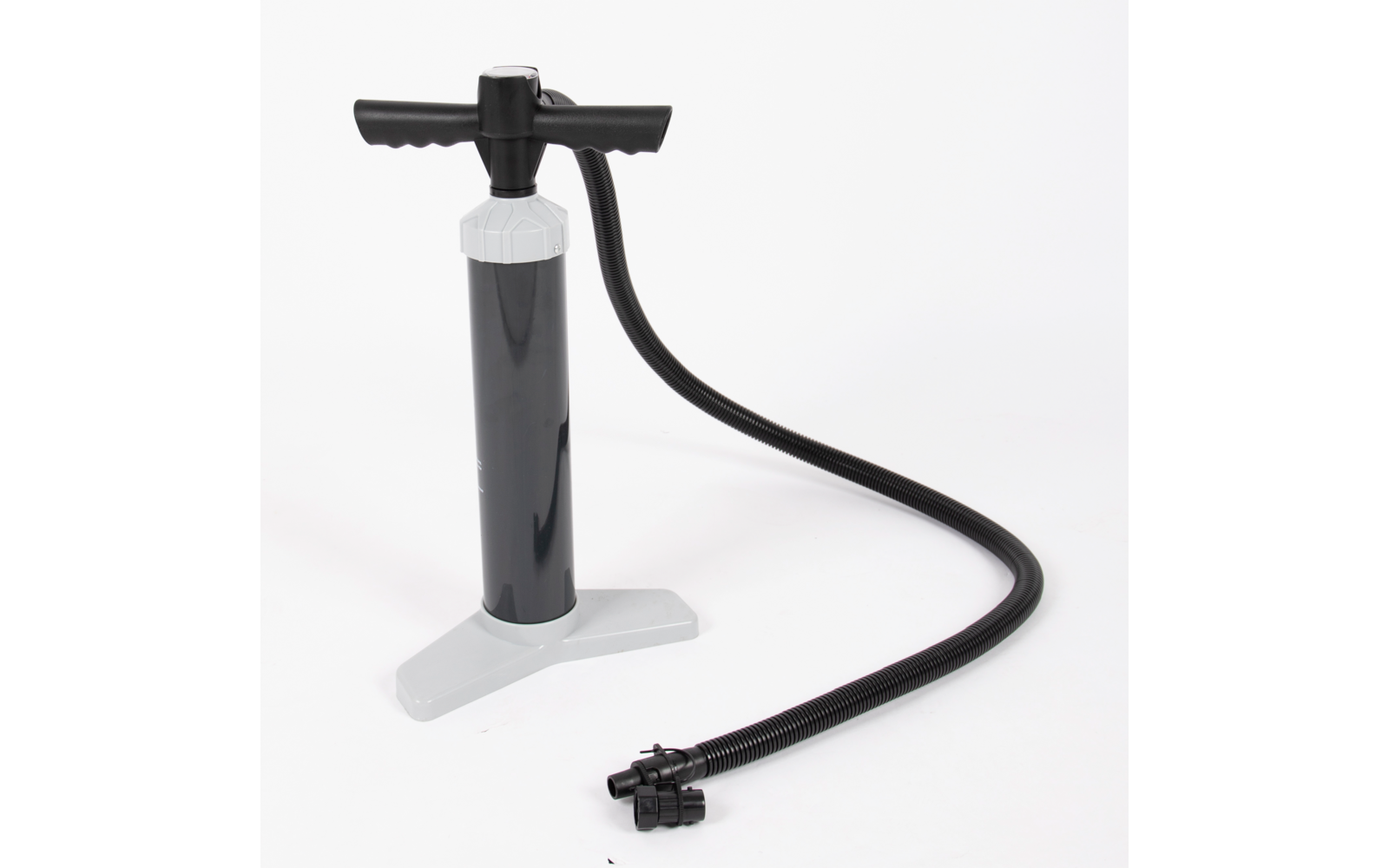 Eine schwarze Fahrradpumpe mit Schlauch und weißem Standfuß