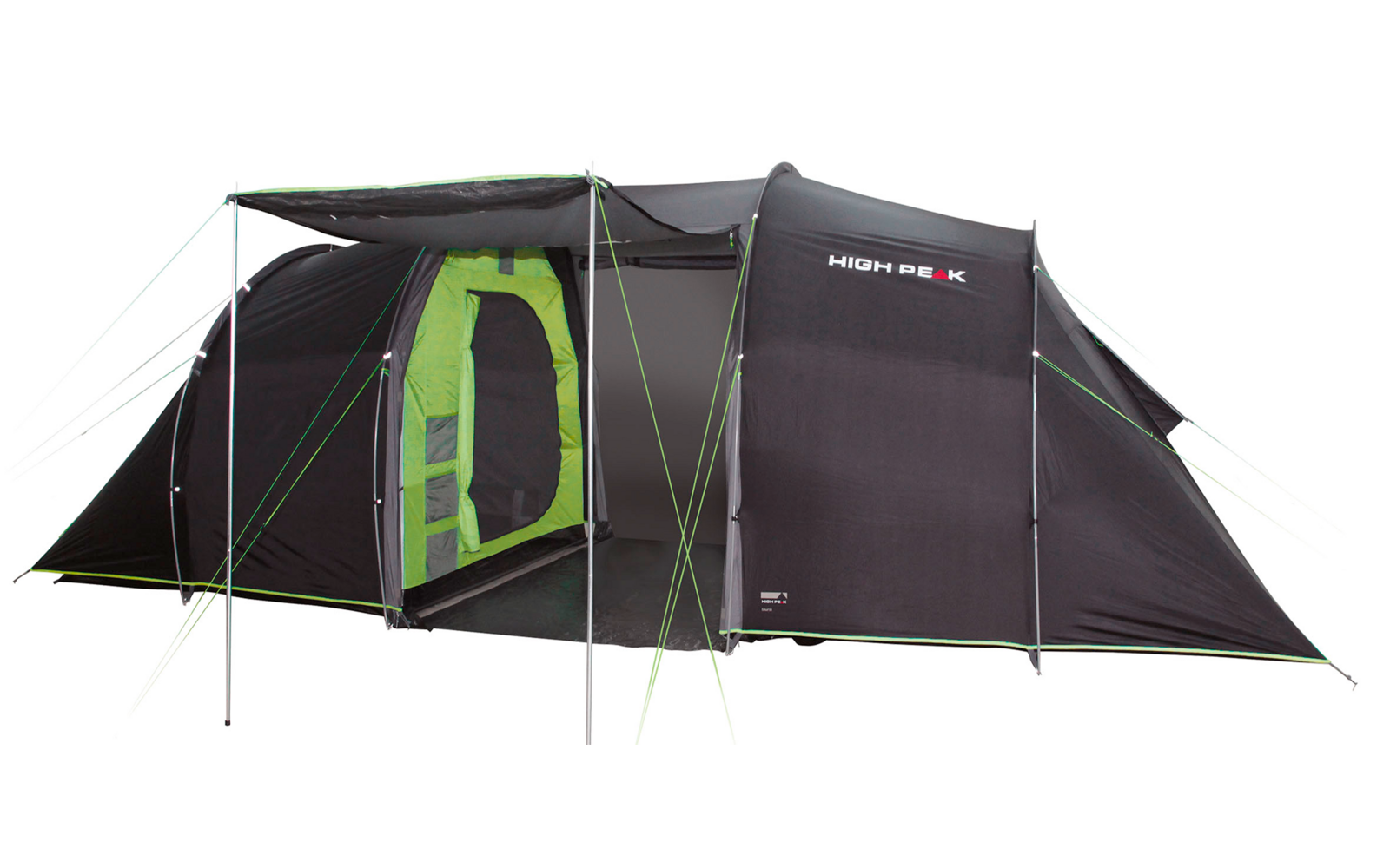 Grote zwarte tent met groene ingang op een open veld