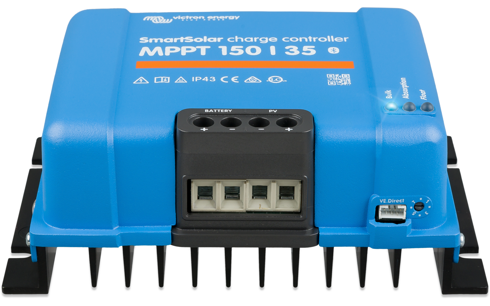 Blauwe elektronische laadregelaar met display en aansluitklemmen